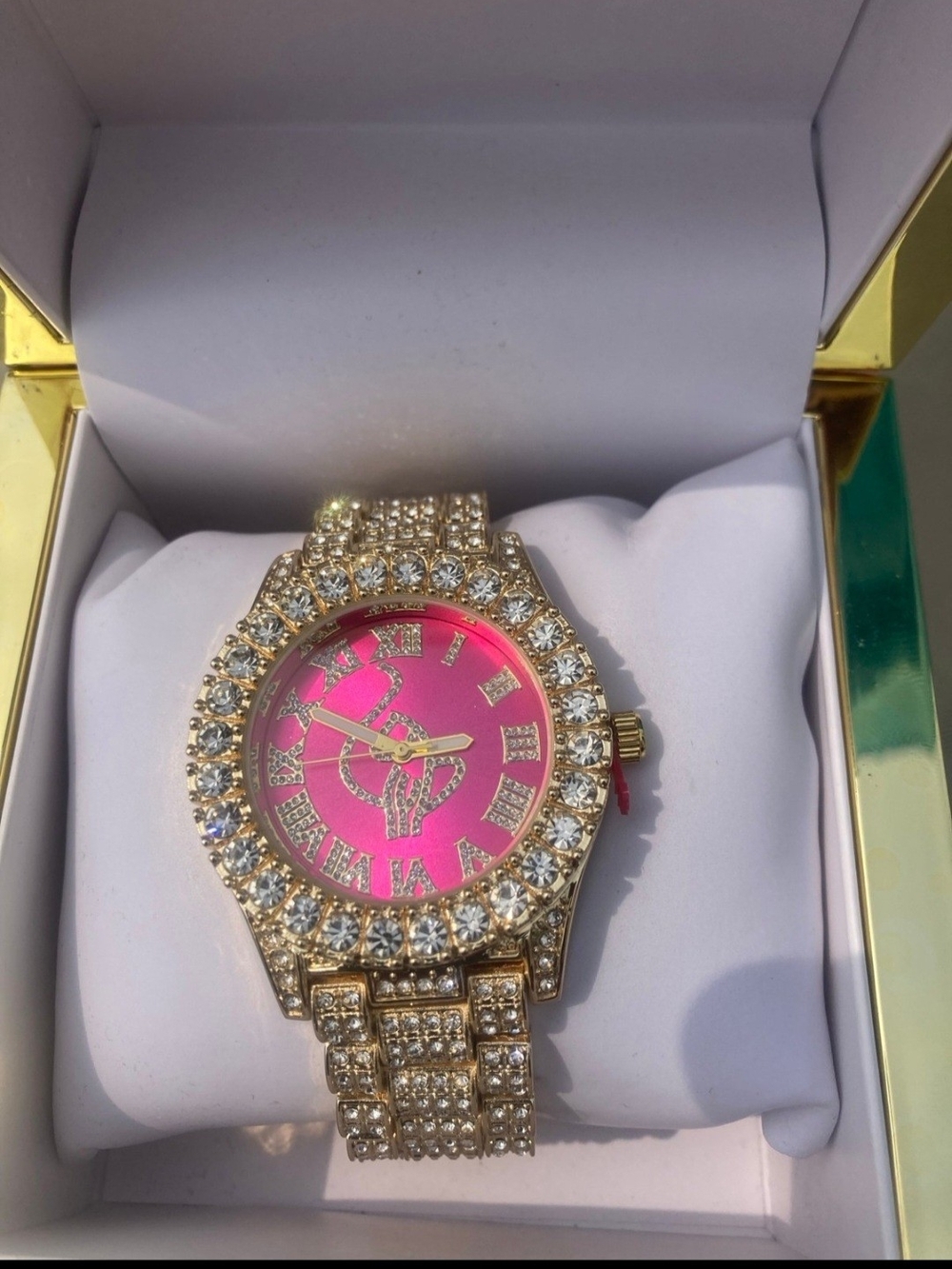 Baby Phat Watch Fushia Embellished Crystal W Pink Box with Gold Cat Logo